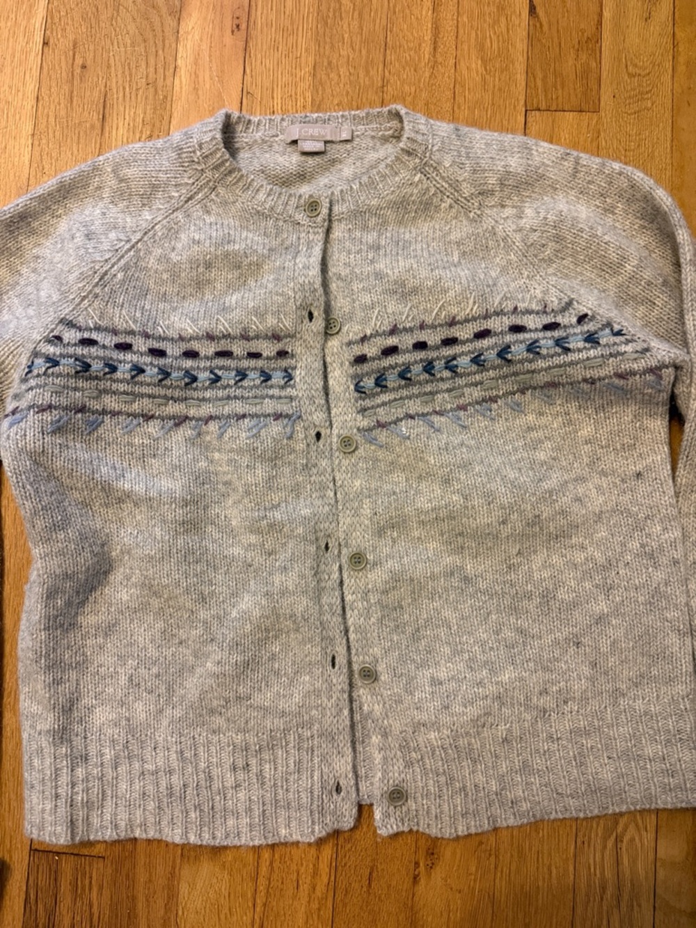 J. Crew 100% Wool Light Gray Embroidered Button Cardigan